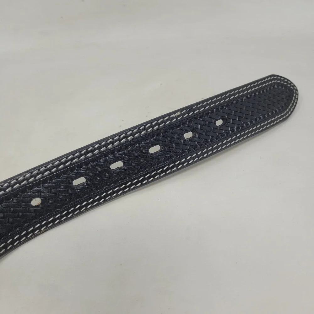 Cowboy Chrome Belt Mens 46 Black Leather Handtooled Basketweave Western Cowboy